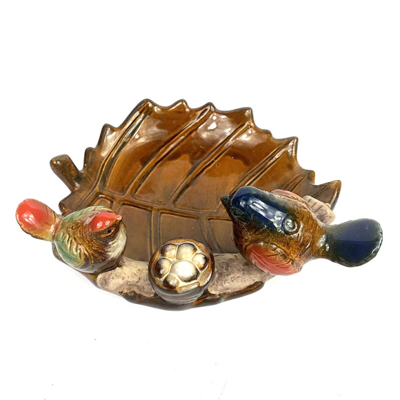 Ceramic Bird Bath large Leaf Plate Majolica Style Glazed Bird feeder dish tray - Picture 3 of 10